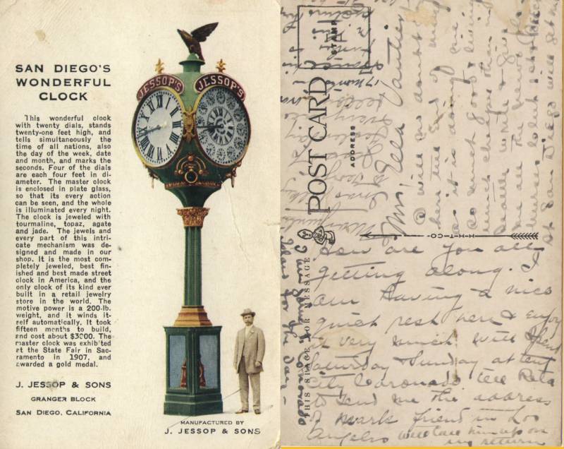 The Jessop Clock, San Diego. No date, wasn't mailed. For Ella Vautier from George J. Vautier