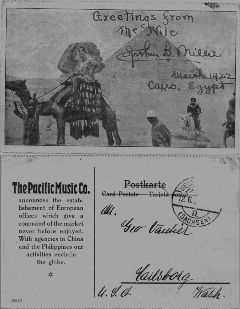 From Pacific Music Company to George Vautier in Carlsborg, Wash. Can't read date. Stamp missing. "Greetings from the Nile.