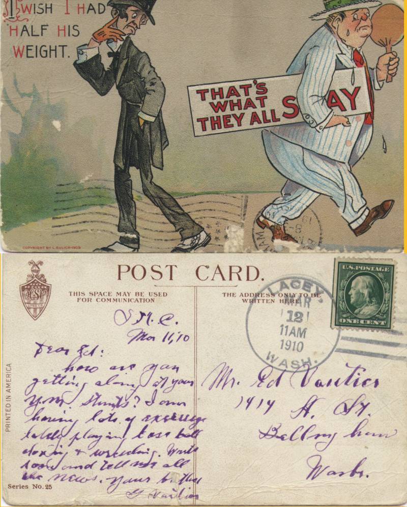 Comic card. From George Vautier at St. Martin's College (ST. MARTIN'S COLLEGE), Lacey, Wa., to his brother, Ed Vautier in Bellingham. March 11, 1910.