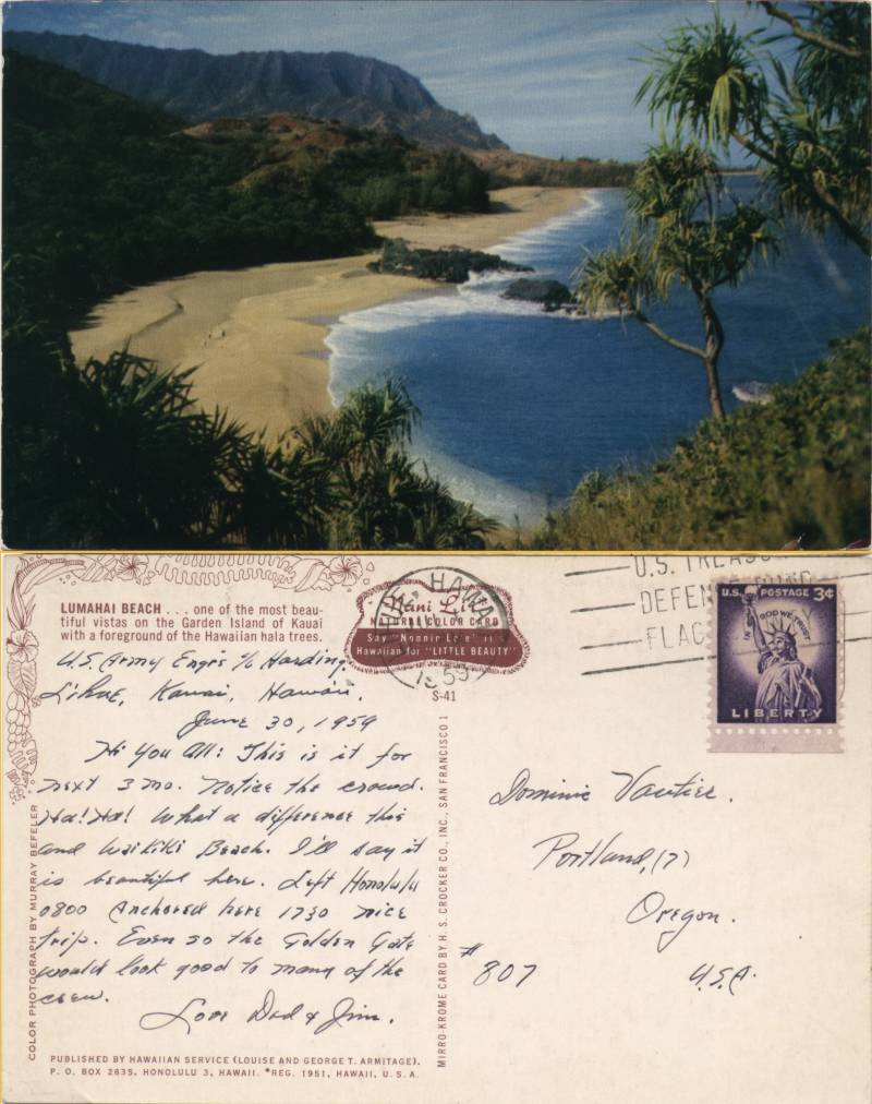Lumahai Beach - From George Vautier & Jim in Hawaii to Dominic Vautier  in Portland. June 30, 1959.