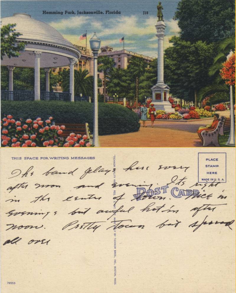 Hemming Park, Jacksonville, Florida. No date. Not posted. In George Vautier's hand.