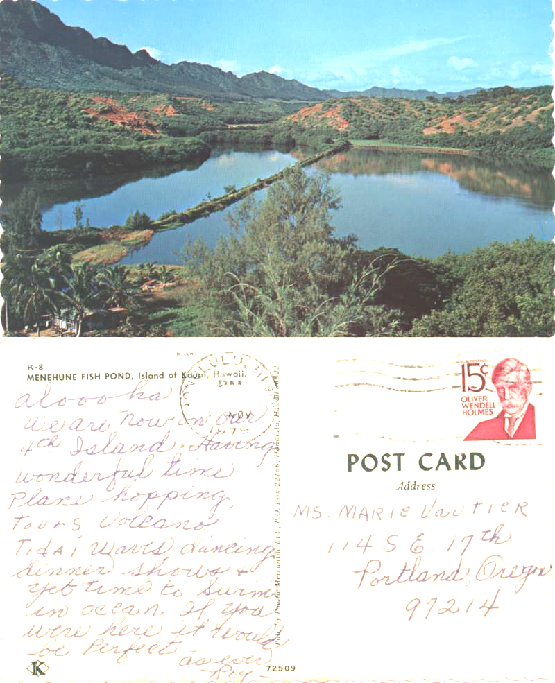 Fish Pond. From Roy in Hawaii to Marie Vautier in Portland. Posted Nov. 1979