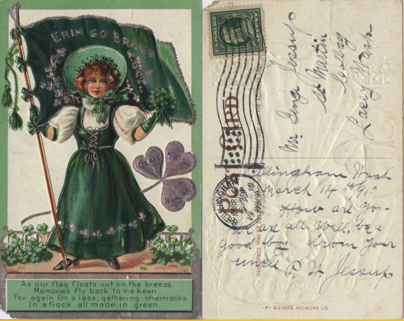 St. Patrick's Day Card From Pat Jessop in Bellingham to George Vautier (Jr.) at St. Martin's College. Posted Mar. 14, 1910