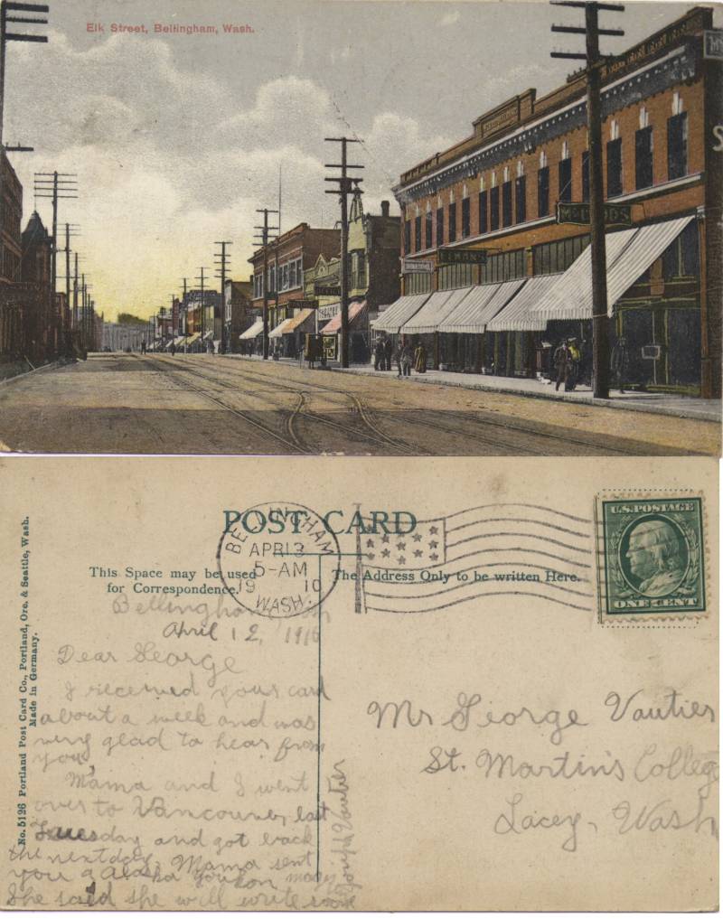 Elk Street, Bellingham, Wa. - From Joseph Vautier in Bellingham to George Vautier Jr. at St. Martin's College, posted April 13, 1910