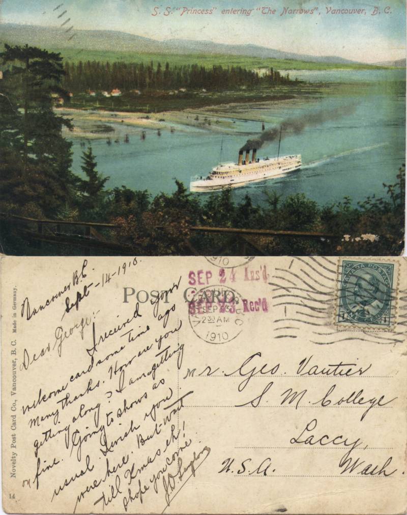 S.S. Princess, Vancouver, B.C. - From J.D. Langton (?) in Vancouver to George Vautier Jr. at St Martin's College posted Sept. 23, 1910.