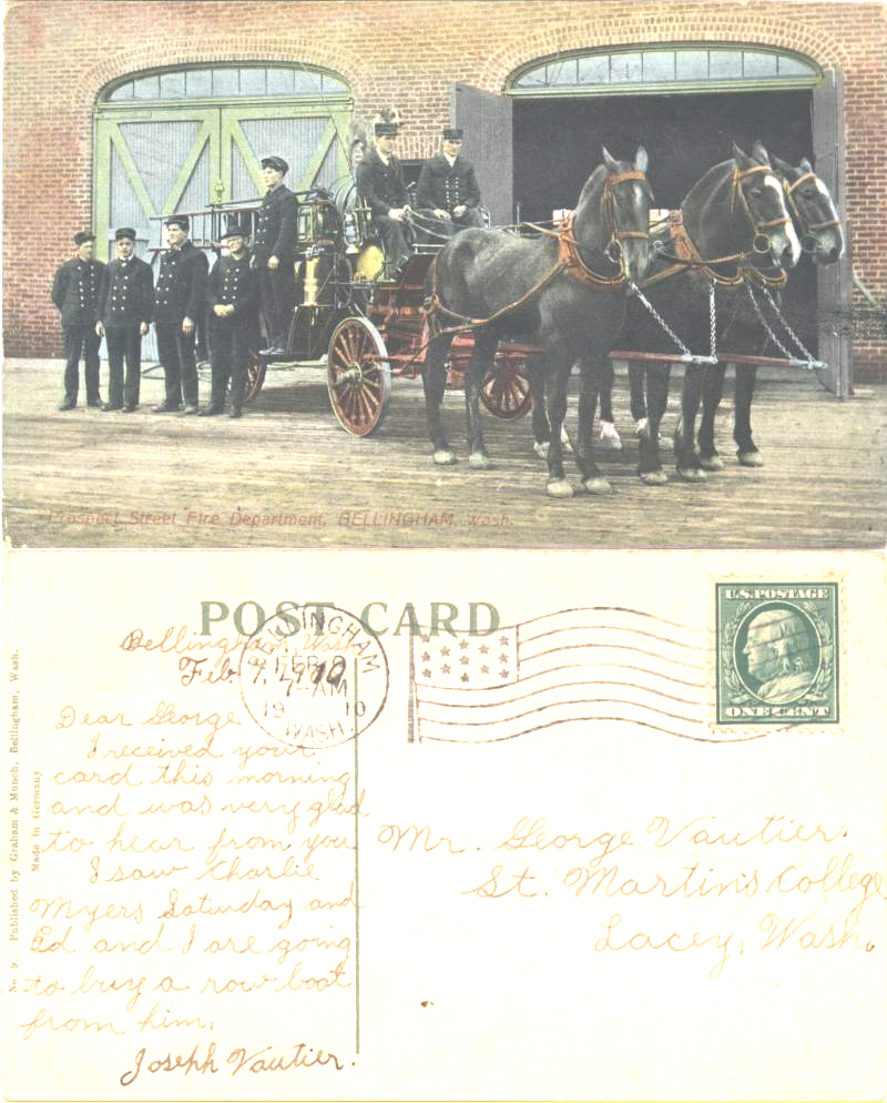 Prospect St. Fire Dept. - From Joe Vautier in Bellingham to George Jr. at St. Martin's College (ST. MARTIN'S COLLEGE), posted Feb. 9, 1910.
