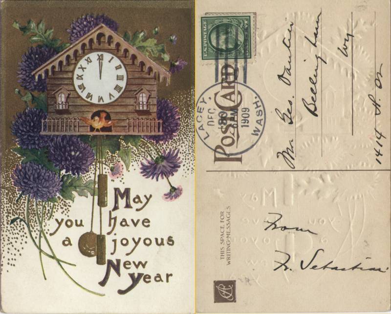 Happy New Year (1910) - From Fr. Sabastian at ST. MARTIN'S COLLEGE to George Vautier Jr. in Bellingham, posted Dec. 30, 1909. George Vautier's address is 1414 H St.