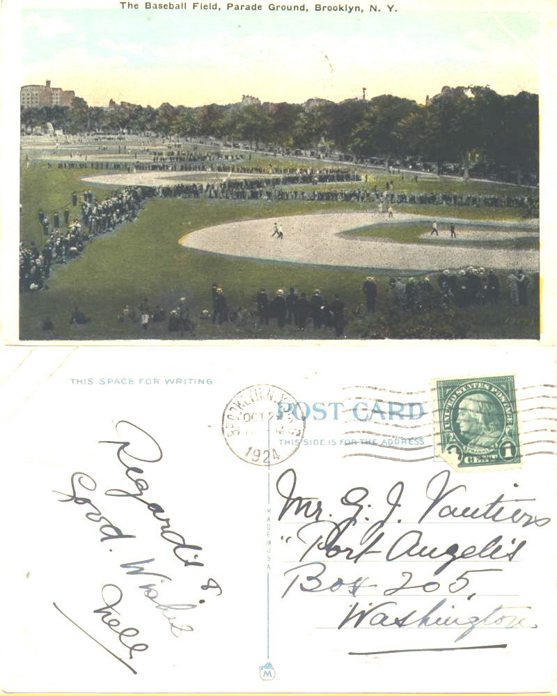 Baseball field, Brooklyn, NY - From Nell in Brooklyn to George Vautier Jr. in Port Angeles posted Oct 29, 1924.