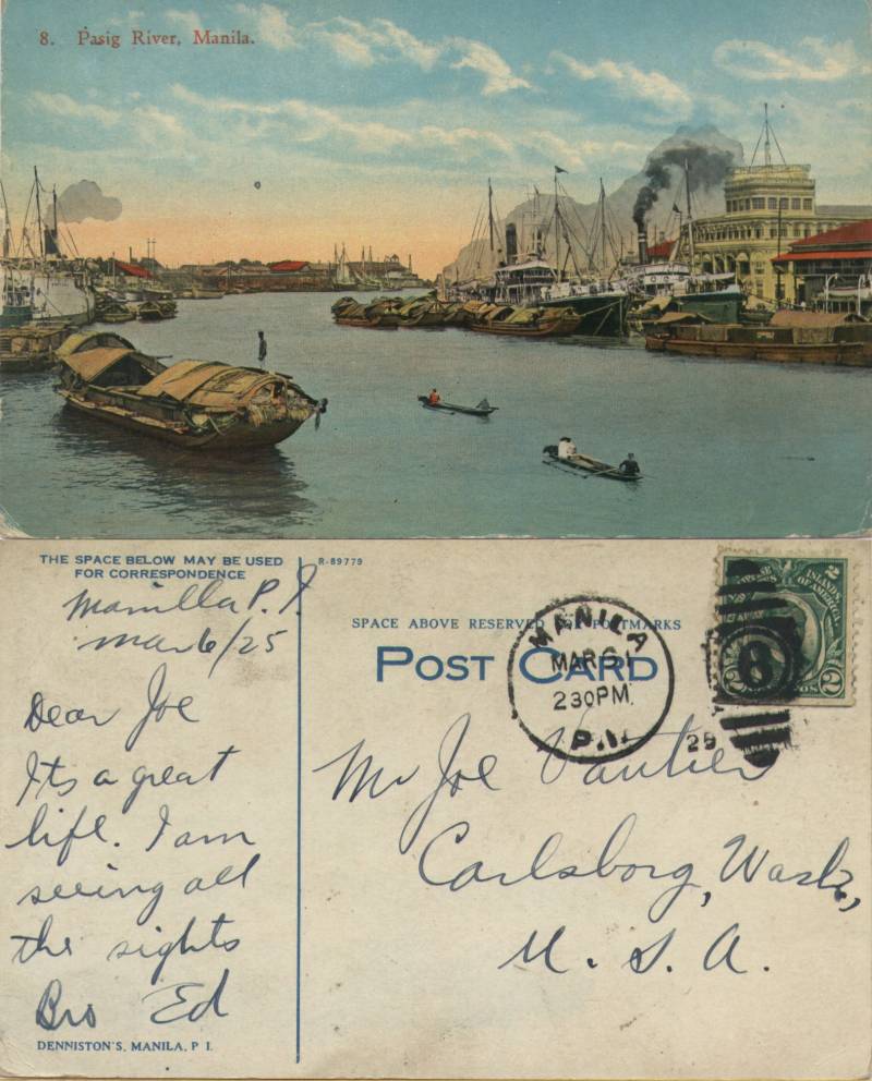 Pasig River, Manila - From brother Ed Vautier in Manila to Joe Vautier in Carlsborg Wa posted Mar 6, 1925.
