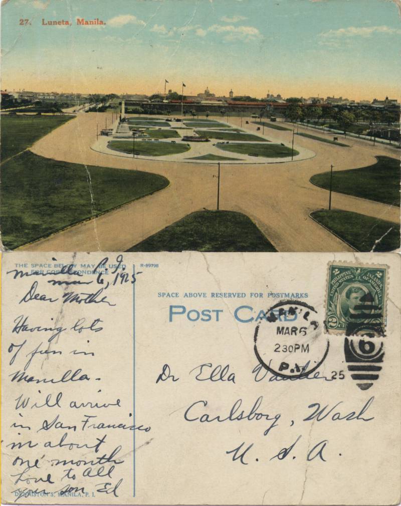 Luneta, Manila - From son Ed Vautier to his mother, Dr. Ella Vautier in Carlsborg, WA posted Mar 6, 1925.