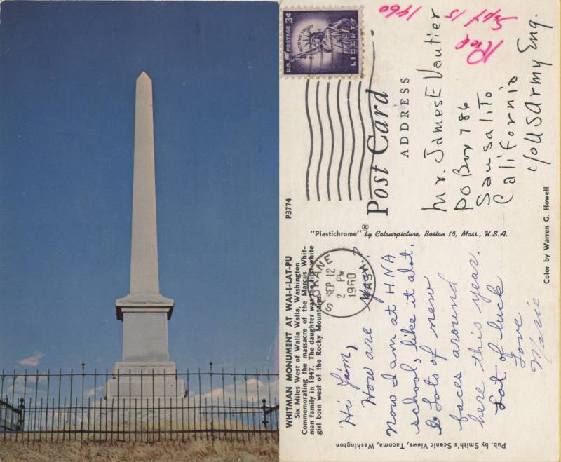 Whitman Monument at Wai-I-lat-pu  west of Walla Walla - From Marie Vautier in Spokane, WA to Jim in Sausalito, posted Sept. 12, 1960.