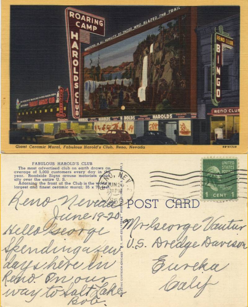 Fabulous Harold's Club, Reno, Nevada - From Bob in Reno to George Vautier on Dredge Davison in Eureka, CA posted June 20, 1920.