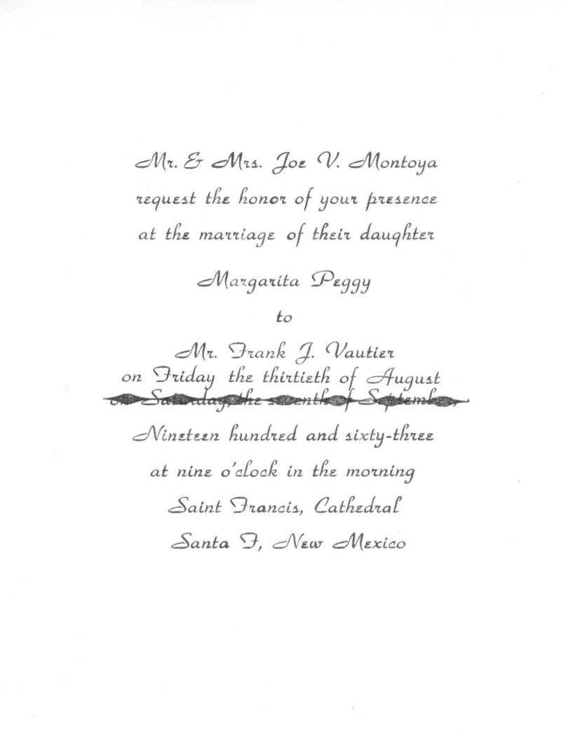Peggy Montoya's & Frank Vautier's wedding invitation - Aug.30, 1963