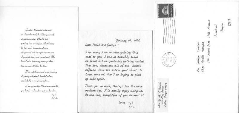 Gerald O'Rouark's obituary (Nov. 12, 1974) and letter to Marie Vautier from Vi O'rouark.