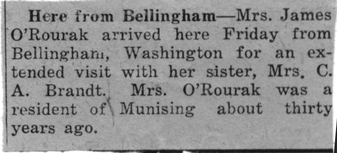 Clipping of Mrs. James A. O'Rouark visiting her sister, Mrs. C.A. Brandt, in Munising.