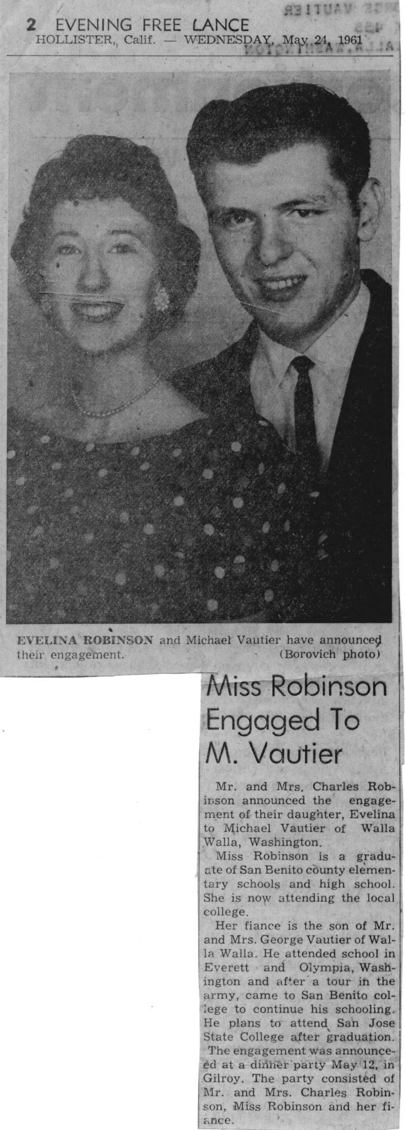 Anthony Michael Vautier & Evelina Robinson's engagement announced in Holister Freelance 5/24/1961.