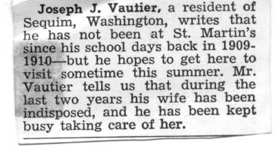 ST. MARTIN'S COLLEGE's newsletter. Joseph J. Vautier (my uncle). Can't attend because his wife is not well