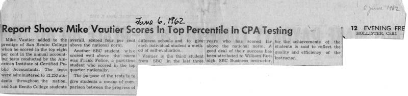 Freelance article: Michael Vautier scores in top 8 percent in accounting contest 1962