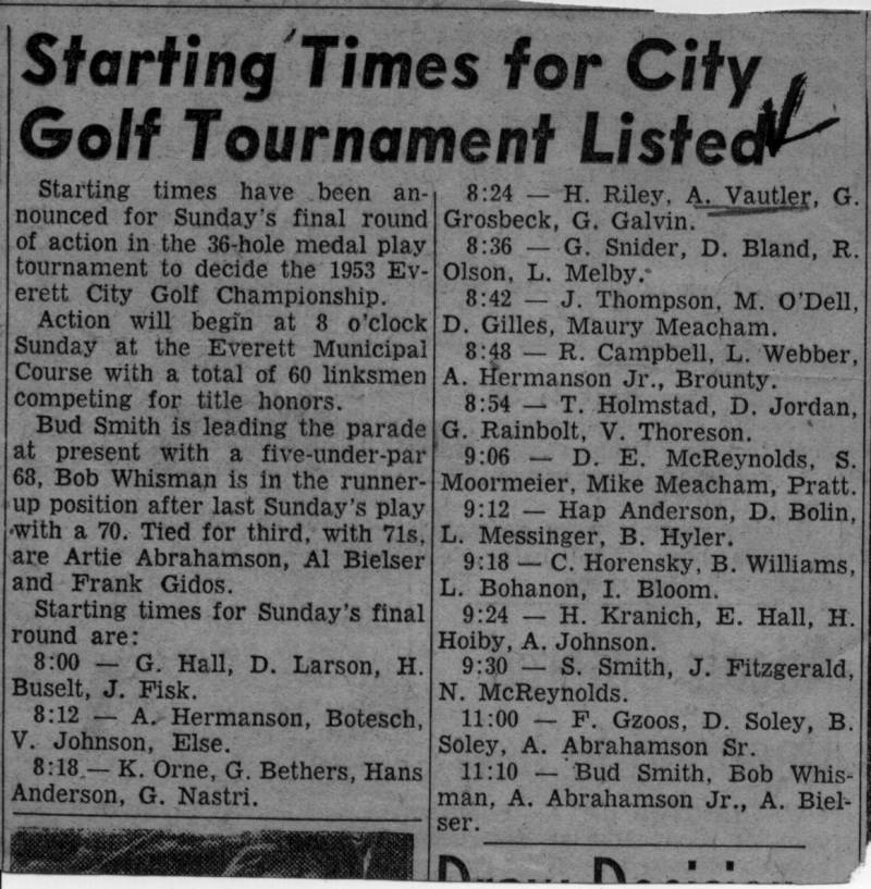 Starting Times for 1953 Everett City Golf Championship. Date: 1953. Anthony Michael Vautier is listed.