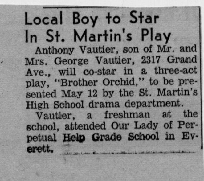 Anthony Michael Vautier to star in St. Martins play, "Brother Orchid." Probably from EVERETT DAILY HERALD