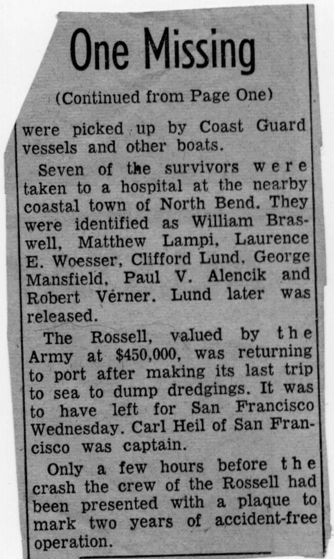 Partial Clipping about sinking of dredge Rossell. Date: Sept. 9, 1957
