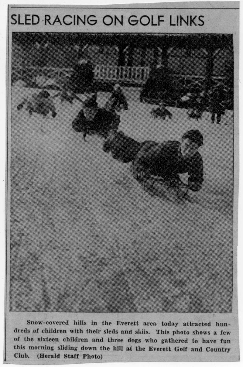 from EVERETT DAILY HERALD. Sledding at the golf  & country club.