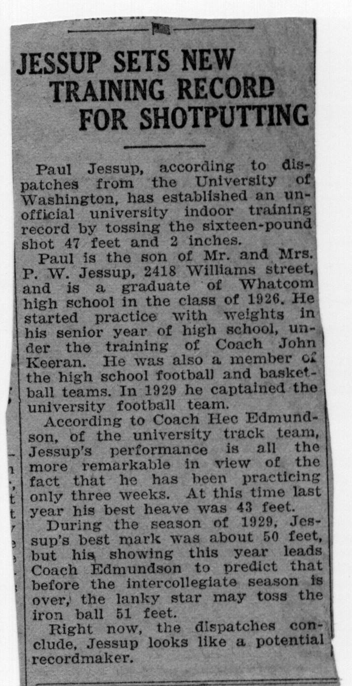 Paul Jessup sets new training record for shotputting. Date: 1929 or 1930.