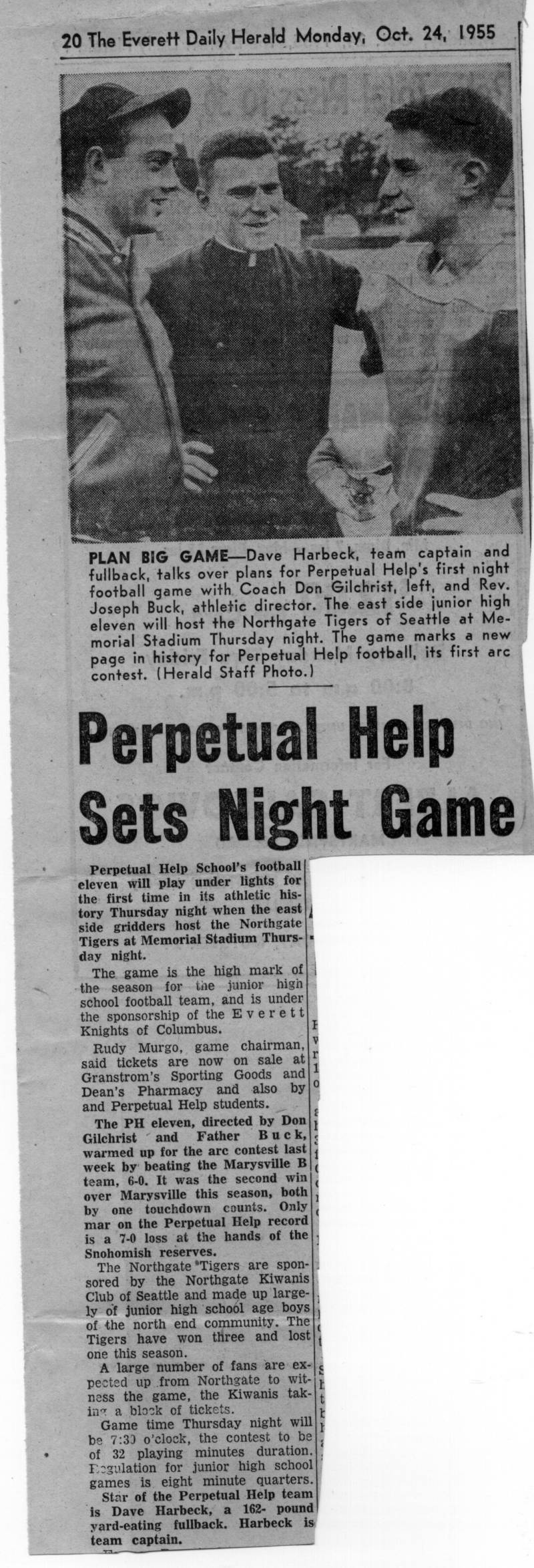 EVERETT DAILY HERALD. Perpetual Help Sets Night Game. Fr. Buck. Panthers. Dominic Vautier. Date: Oct 24, 1955  Fr. Joseph Buck, Don Gilchrest 