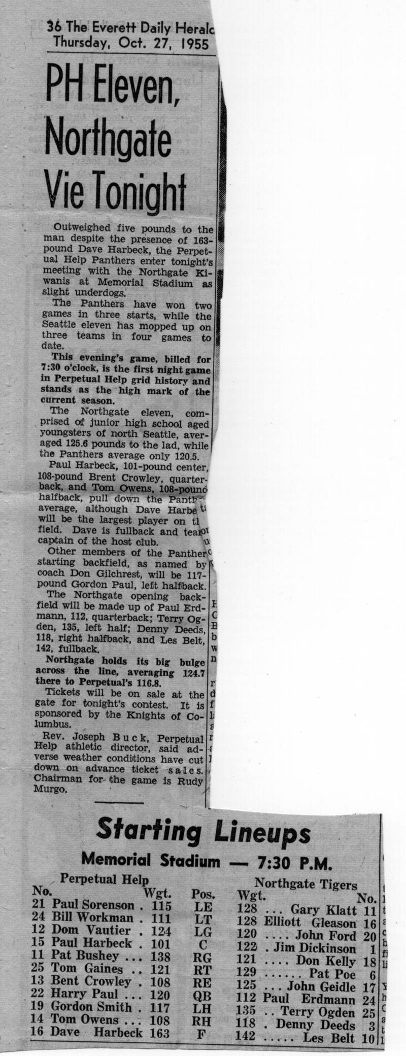 EVERETT DAILY HERALD. Perpetual Help, Northgate vie tonight. Football. Dominic Vautier. Date: Oct. 27, 1955