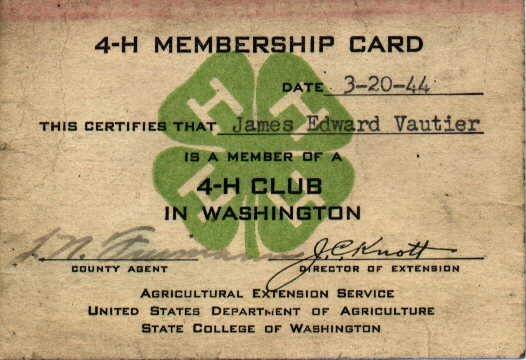 James E Vautier's 4-H card issued March 20, 1944
