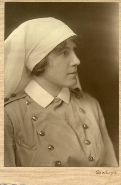Nursing Sister, Marguerite Jessop. Photographer: S Waige (?). . military hospital, Quebec. This would be a WWI nurses' uniform