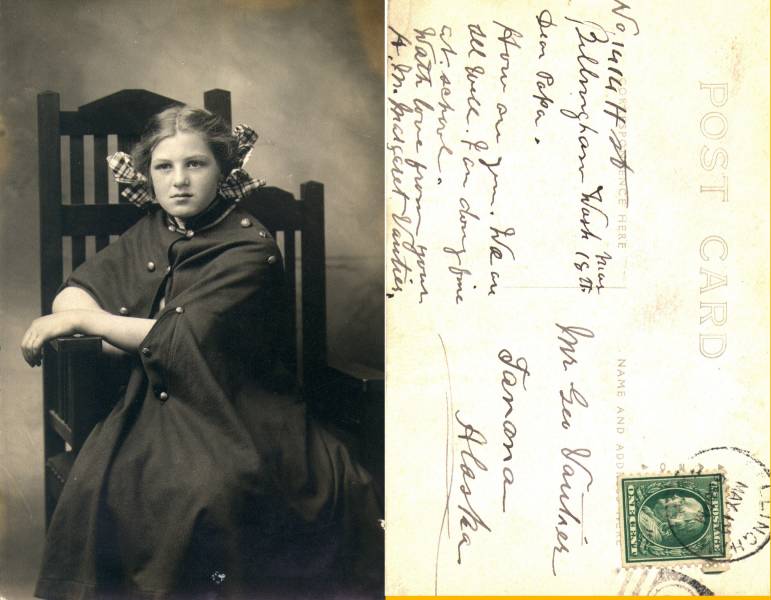 Rita Vautier - portrait Postcard to her father in Tanana, Alaska. "Dear Papa. . . "; Signed< "A.M. Margeret Vautier." Can't determin the year.