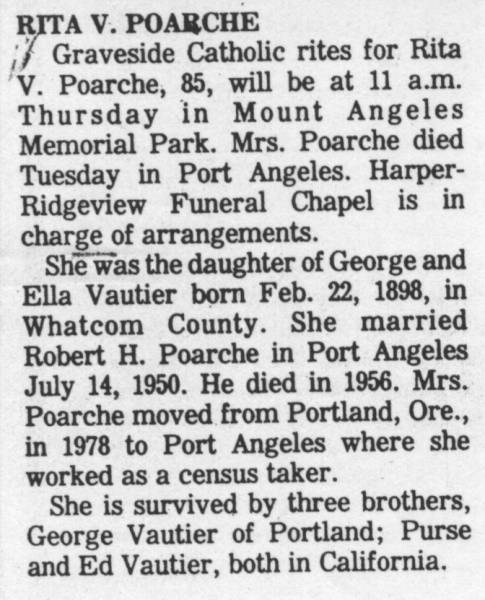 Rita Poarche Obit. b. Feb. 22, 1898  85 years old. Rita V. Poarche. Survived by 3 brothers: George, Ed, Purse (should be Percy.)