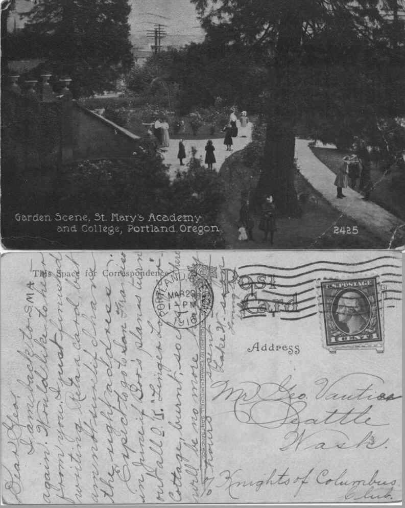 From St. Marys Academy, Portland, O.; To G.J.V (George Vautier) in Seattle c/o KofC. Mailed Mar. 20, 1916.