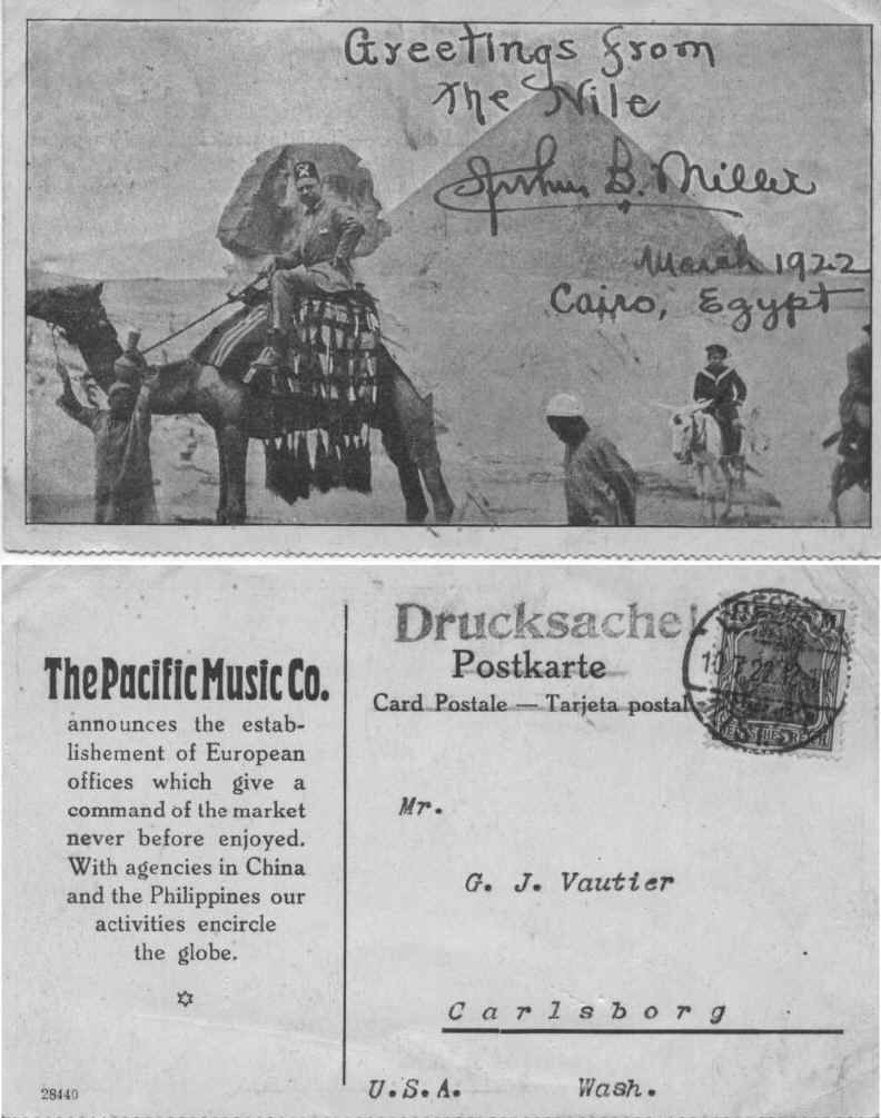 From Pacific Music Company to George Vautier in Carlsborg, Wash. Cant read date. Greetings from the Nile. 1922.