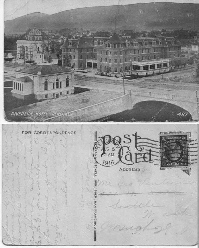 To Mr. Geo. Vautier Seattle Wa from GG. Riverside Hotel, Reno, Nevada. Aug 5, 1916