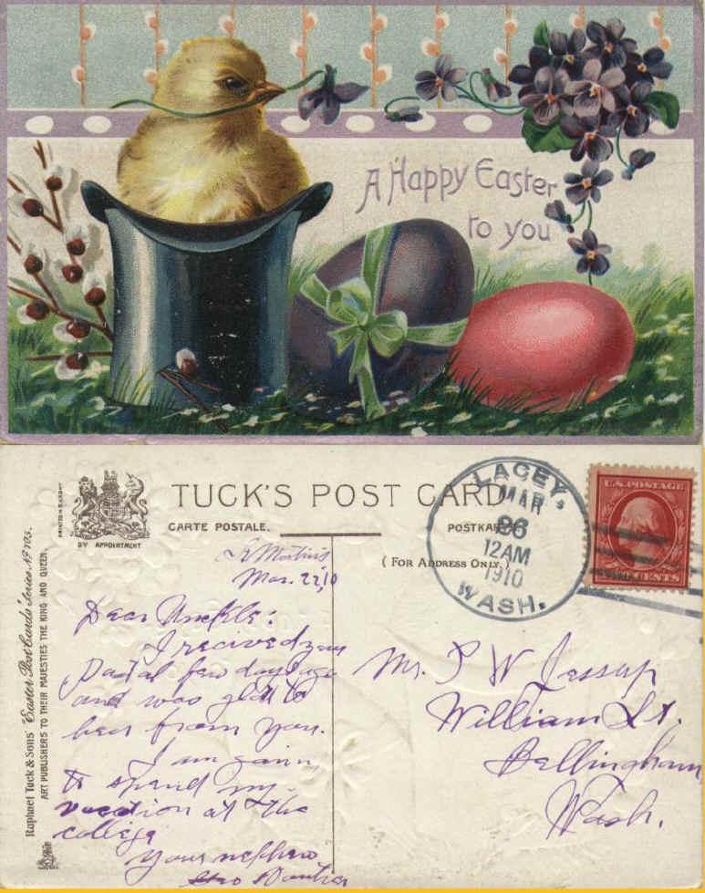 Easter card from George Vautier Jr., at St. Martins College to his uncle P.W. Jessup in   Bellingham  . Dated Mar 22, 1910.