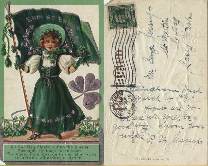 St. Patricks Day Card From Uncle Pat in  Bellingham to George Vautier Jr. at  St. Martin s College. Posted Mar. 14, 1910