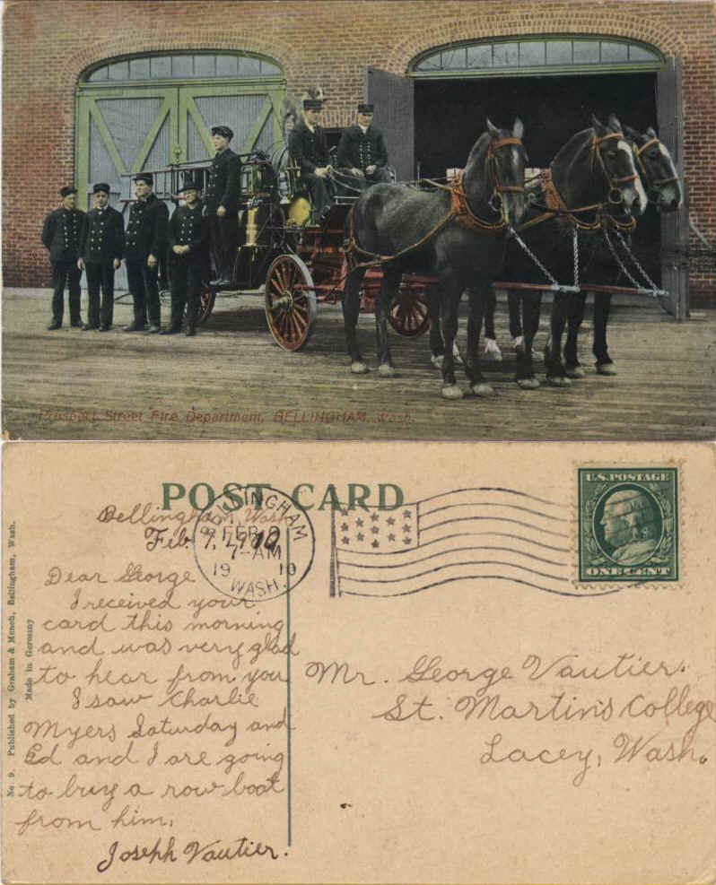 Prospect Street Fire Dept,Bellingham , Wa. from Joseph Vautier to George Jr. at  St. Martin s College (SMC), posted Feb. 9, 1910