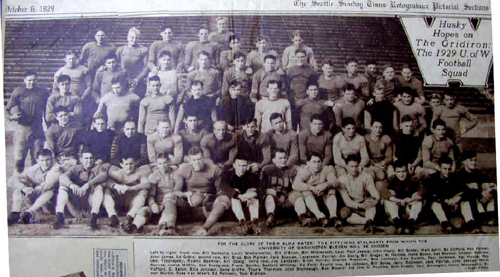 1929 University of Washington football squad.  Paul Jessup is the captain with the ball.