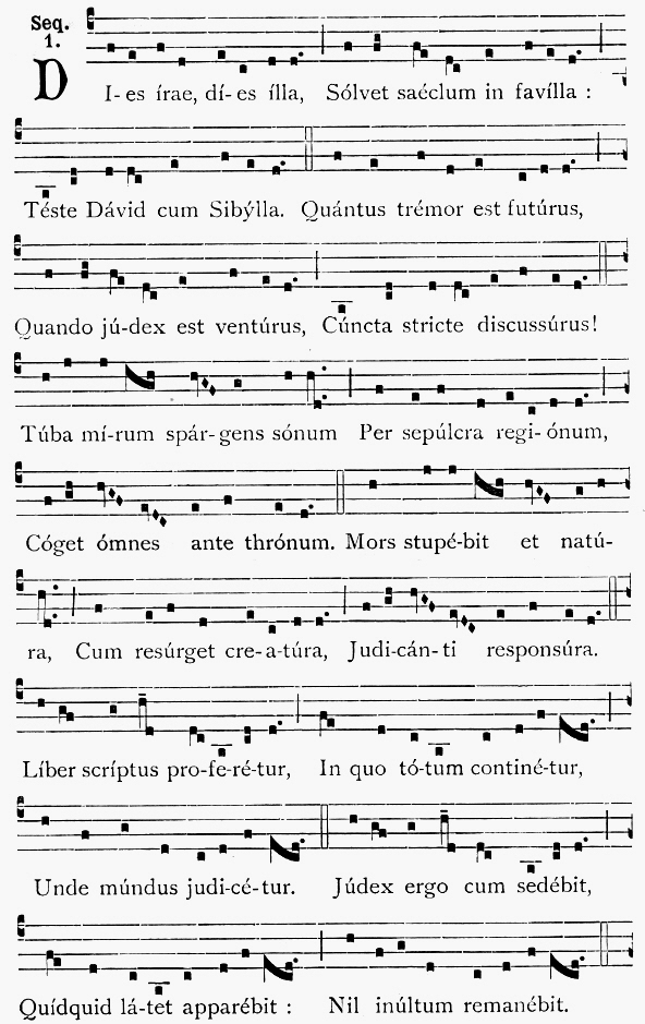 Dies Irae was composed as a poem in the 13th century and later added as a sequence to the Latin Mass of the dead.  The lyrics were written by Thomas of Celano, a Franciscan monk.