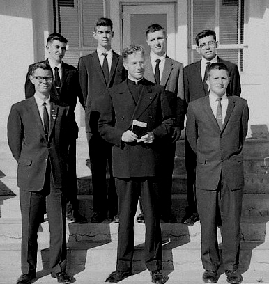 salesian junior seminary 1957 Richmond graduating class 1960 L to R) Rich Wanner, Remo Scagliotti, Larry Milally, Fr. ?, Dominic Vautier, Phil Mandile, and Pat Borrage.